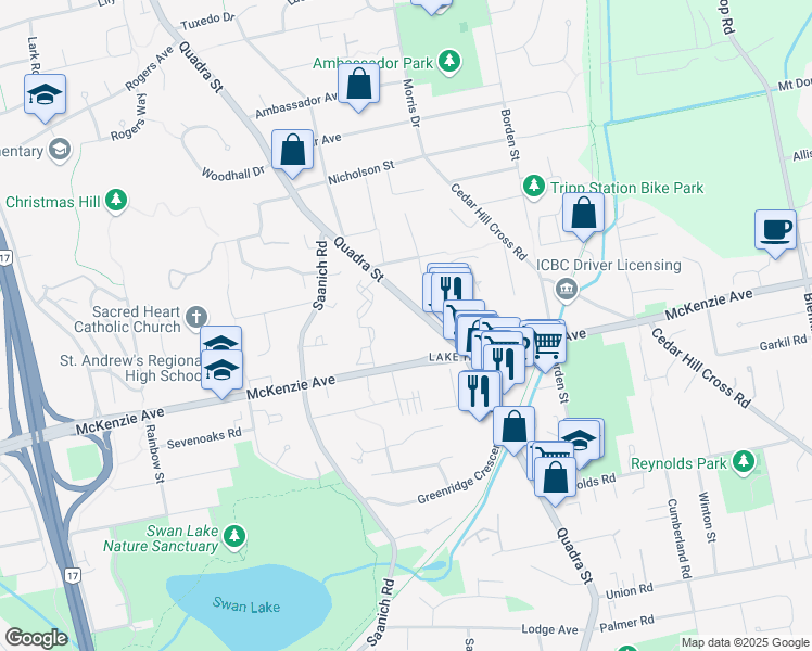 map of restaurants, bars, coffee shops, grocery stores, and more near 4026 Quadra Street in Victoria