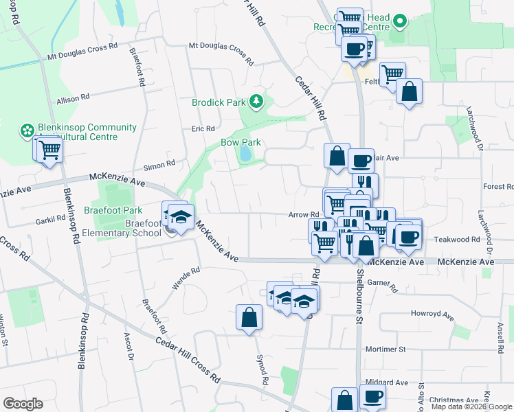 map of restaurants, bars, coffee shops, grocery stores, and more near 1540 Arrow Road in Victoria