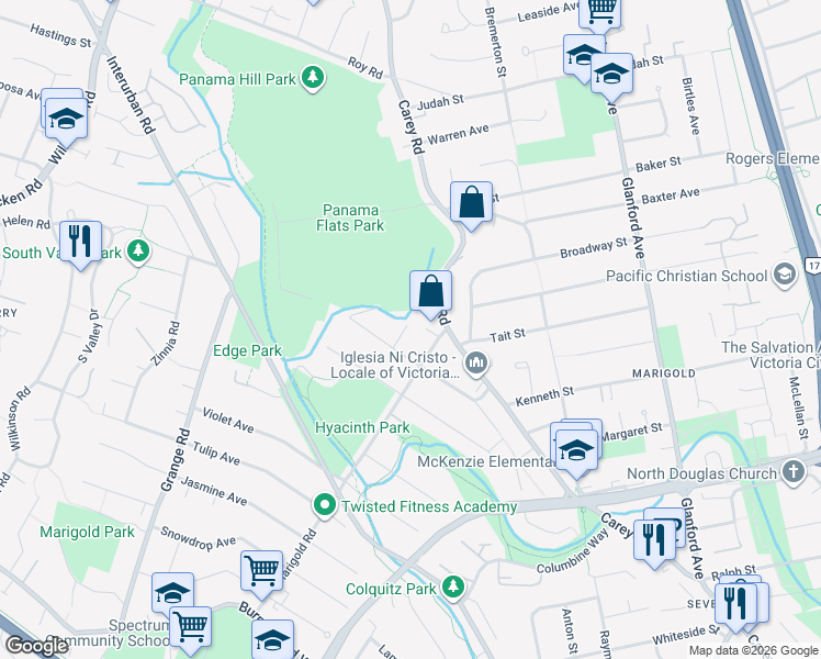 map of restaurants, bars, coffee shops, grocery stores, and more near 1075 Primrose Road in Victoria