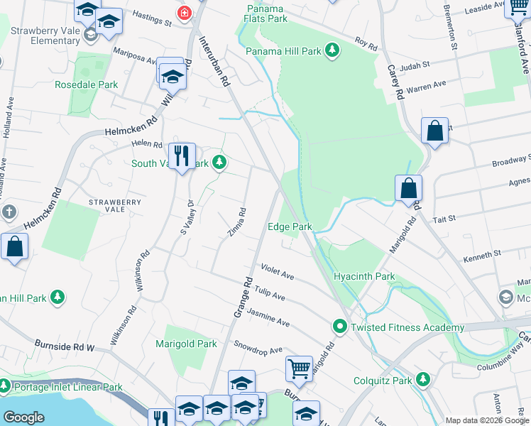 map of restaurants, bars, coffee shops, grocery stores, and more near 4040 Grange Road in Victoria