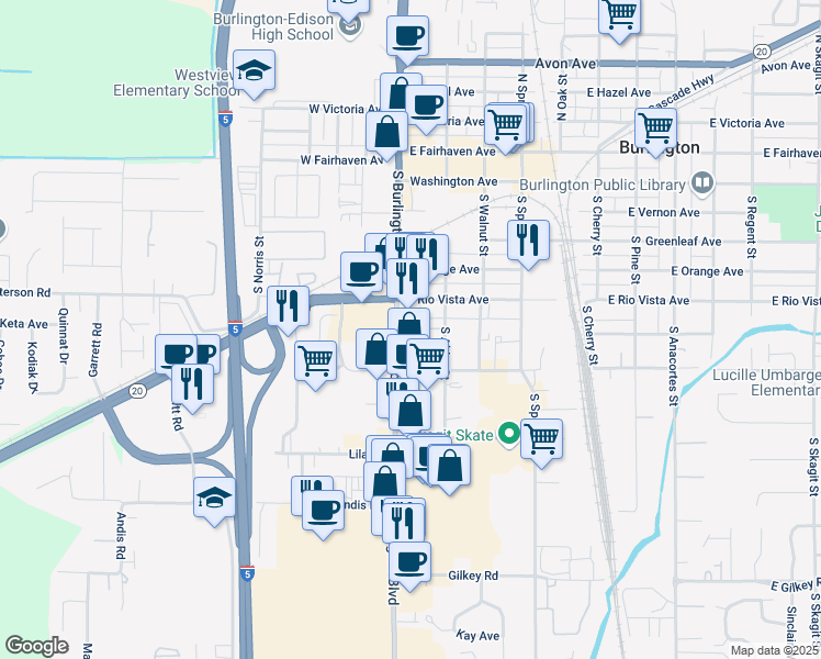 map of restaurants, bars, coffee shops, grocery stores, and more near 684 S Burlington Blvd in Burlington