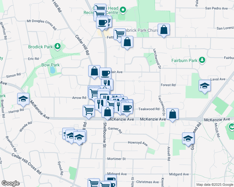 map of restaurants, bars, coffee shops, grocery stores, and more near 3977 Birchwood Street in Victoria