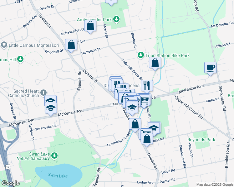 map of restaurants, bars, coffee shops, grocery stores, and more near 3-4011 Quadra Street in Victoria