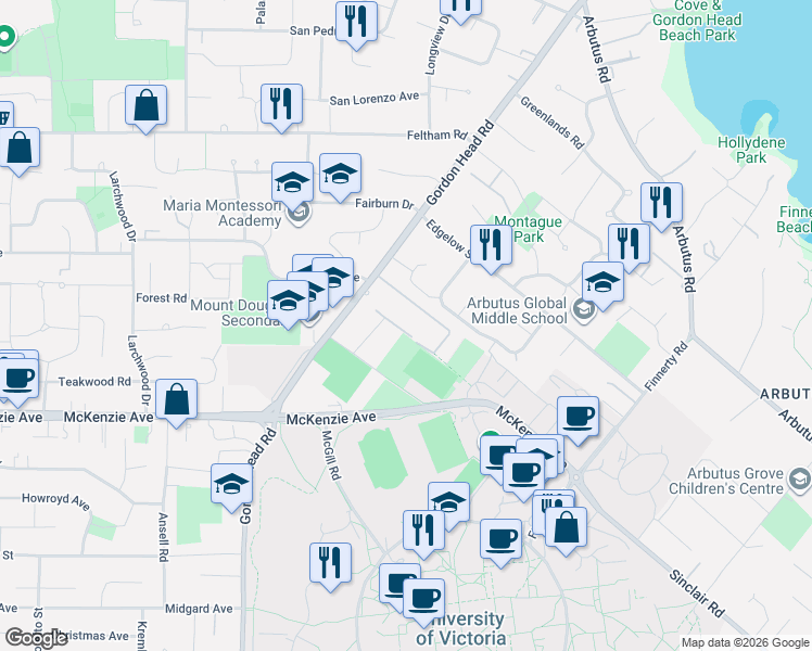 map of restaurants, bars, coffee shops, grocery stores, and more near 3979 Maria Road in Victoria