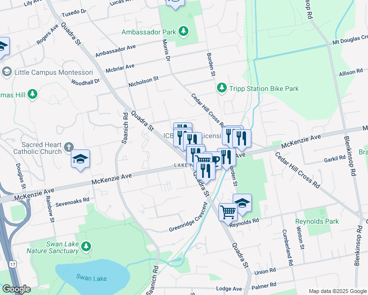 map of restaurants, bars, coffee shops, grocery stores, and more near 3-4011 Quadra Street in Victoria