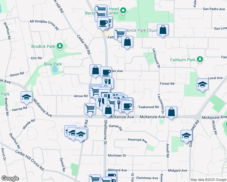 map of restaurants, bars, coffee shops, grocery stores, and more near 3976 Birchwood Street in Victoria