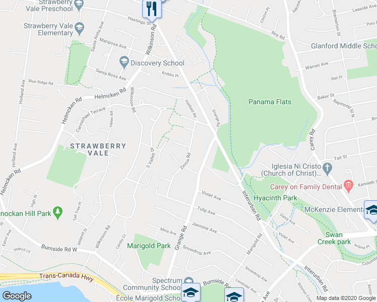 map of restaurants, bars, coffee shops, grocery stores, and more near 4040 Zinnia Road in Victoria