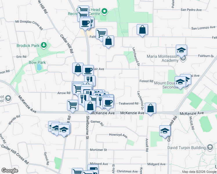 map of restaurants, bars, coffee shops, grocery stores, and more near 3979 Oakwood Street in Victoria