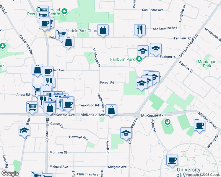 map of restaurants, bars, coffee shops, grocery stores, and more near 1796 Hartwood Place in Victoria