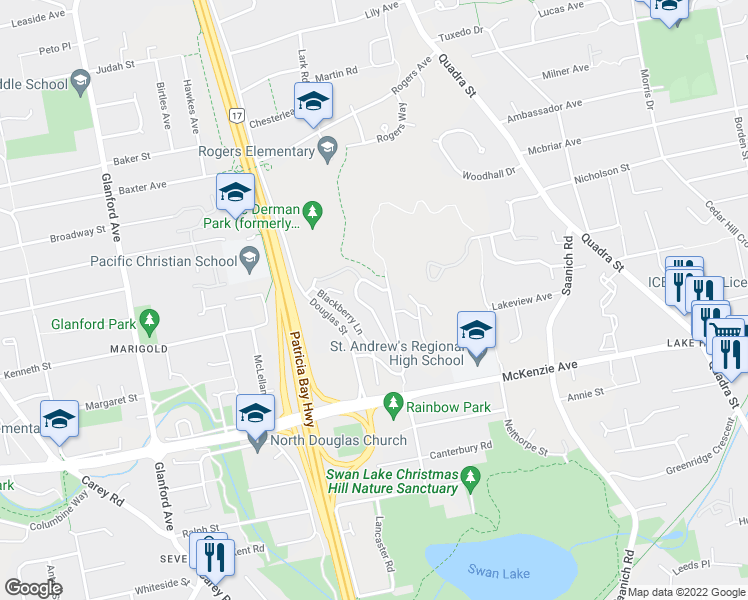 map of restaurants, bars, coffee shops, grocery stores, and more near 829 Rainbow Crescent in Victoria