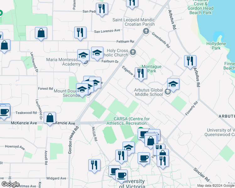 map of restaurants, bars, coffee shops, grocery stores, and more near in Victoria