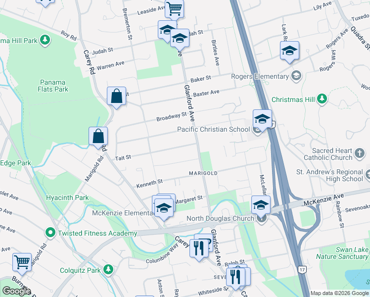 map of restaurants, bars, coffee shops, grocery stores, and more near 591 Tait Street in Victoria
