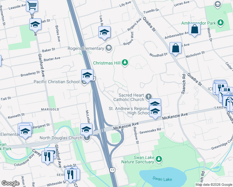 map of restaurants, bars, coffee shops, grocery stores, and more near 840 Rainbow Crescent in Victoria