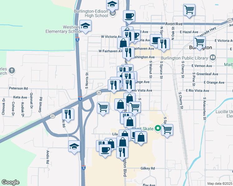 map of restaurants, bars, coffee shops, grocery stores, and more near 610 Haggen Drive in Burlington