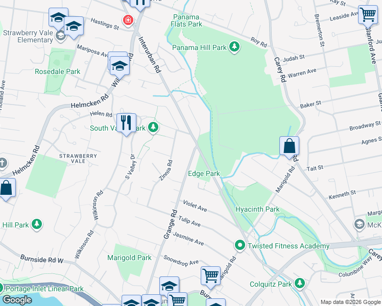 map of restaurants, bars, coffee shops, grocery stores, and more near 4040 Grange Road in Victoria