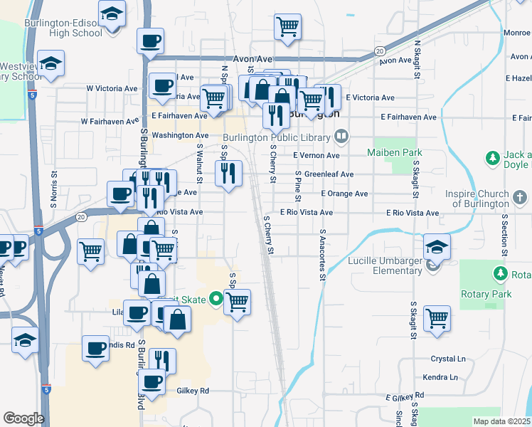 map of restaurants, bars, coffee shops, grocery stores, and more near Rio Vista Avenue in Burlington