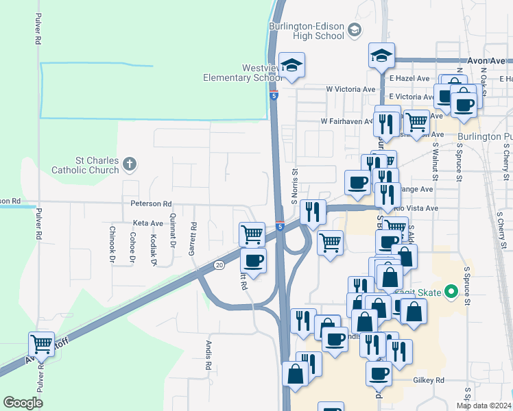 map of restaurants, bars, coffee shops, grocery stores, and more near 615 Peterson Road in Burlington