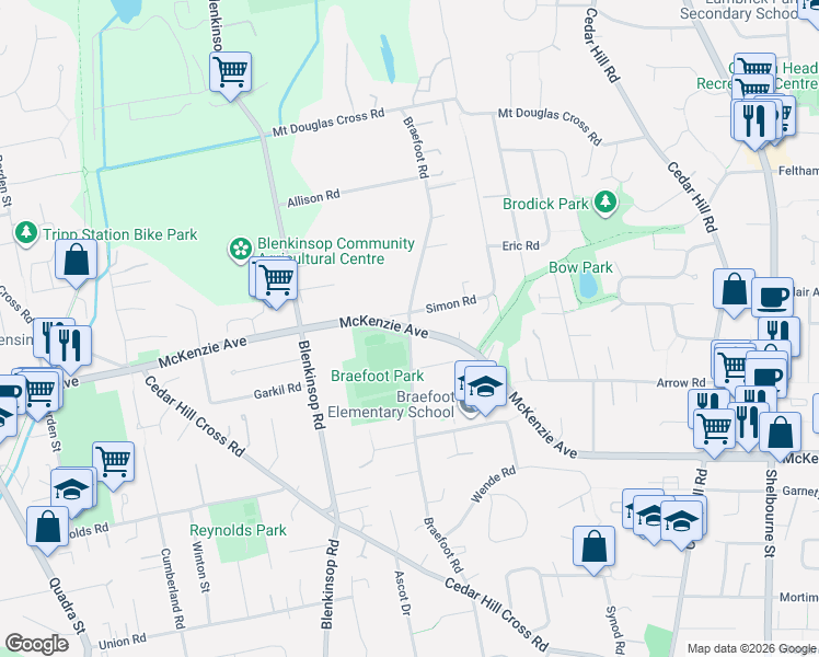 map of restaurants, bars, coffee shops, grocery stores, and more near 1401 McKenzie Avenue in Victoria