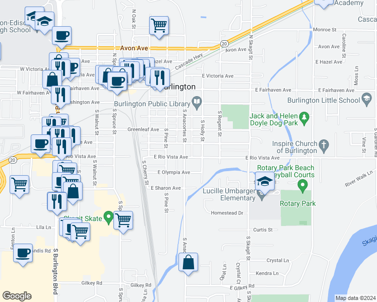 map of restaurants, bars, coffee shops, grocery stores, and more near 429 South Anacortes Street in Burlington
