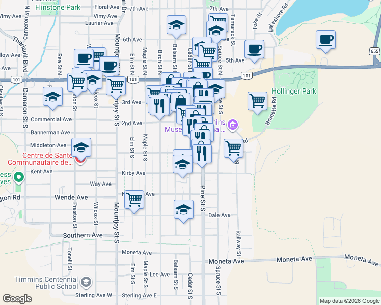 map of restaurants, bars, coffee shops, grocery stores, and more near 180 1st Avenue in Timmins