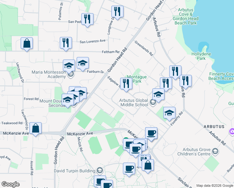 map of restaurants, bars, coffee shops, grocery stores, and more near 4083 Dawnview Crescent in Victoria