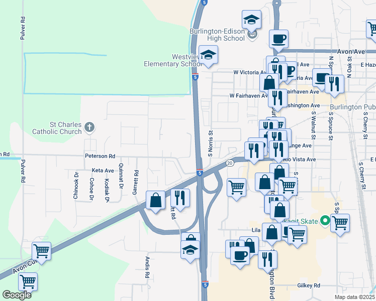 map of restaurants, bars, coffee shops, grocery stores, and more near 615 Peterson Road in Burlington