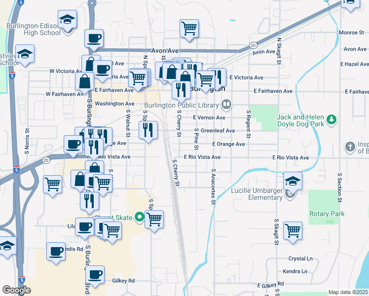 map of restaurants, bars, coffee shops, grocery stores, and more near 515 East Orange Avenue in Burlington