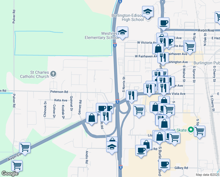 map of restaurants, bars, coffee shops, grocery stores, and more near 615 Peterson Road in Burlington