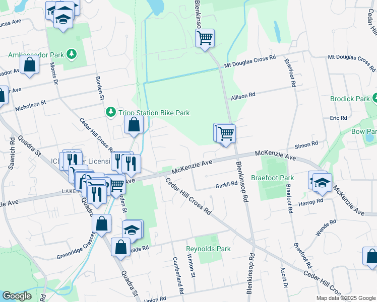 map of restaurants, bars, coffee shops, grocery stores, and more near 4030 Century Road in Victoria