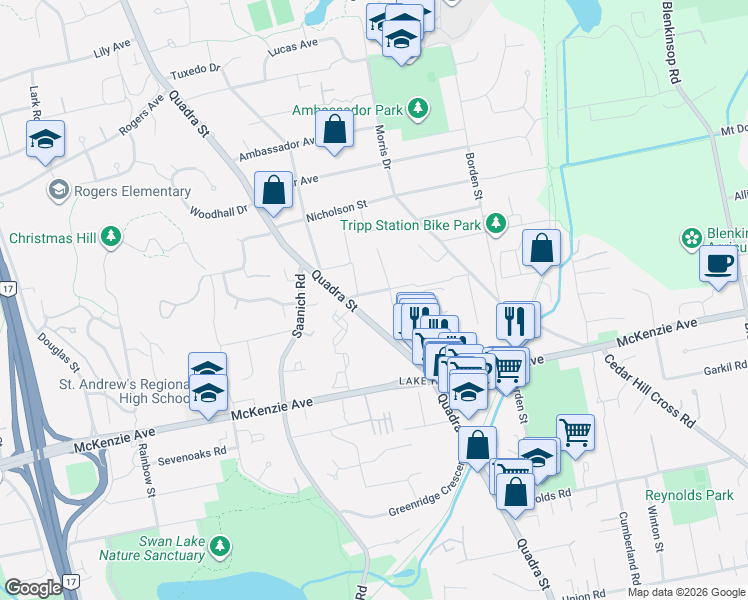 map of restaurants, bars, coffee shops, grocery stores, and more near 1018 Kenneth Street in Victoria