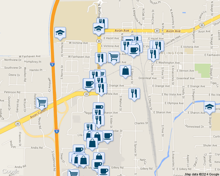map of restaurants, bars, coffee shops, grocery stores, and more near 140 East Orange Avenue in Burlington