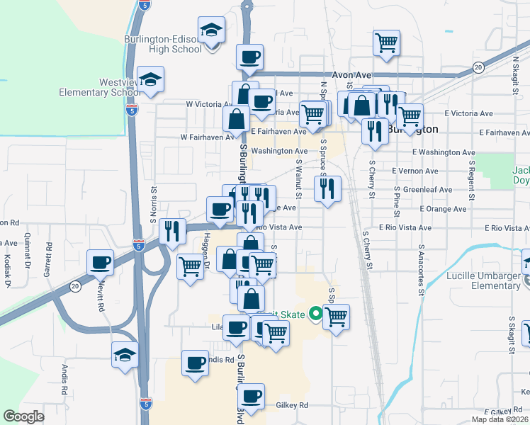 map of restaurants, bars, coffee shops, grocery stores, and more near 140 East Orange Avenue in Burlington