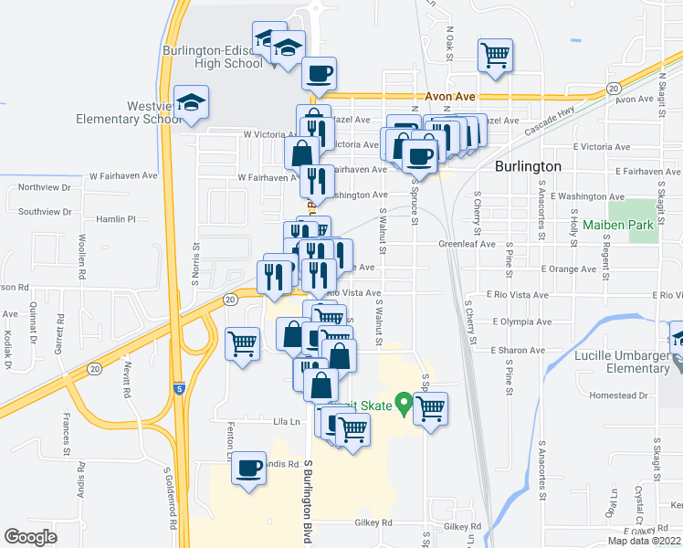 map of restaurants, bars, coffee shops, grocery stores, and more near 138 East Orange Avenue in Burlington