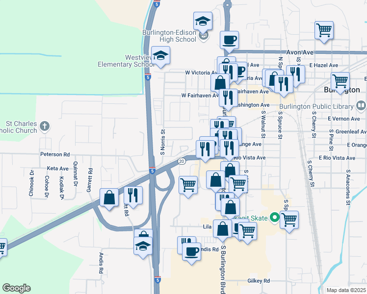 map of restaurants, bars, coffee shops, grocery stores, and more near 308 Woodgate Place in Burlington