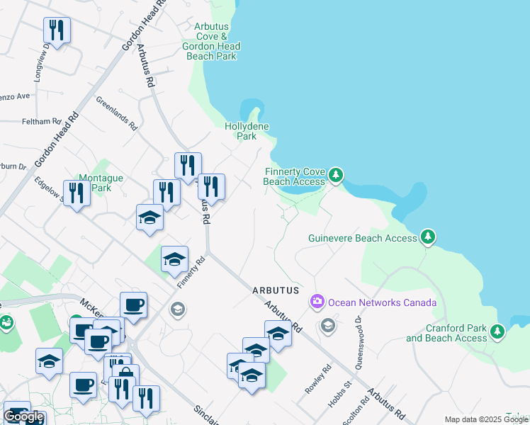 map of restaurants, bars, coffee shops, grocery stores, and more near 2400 Arbutus Road in Victoria
