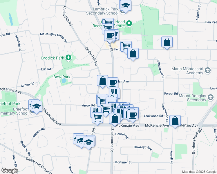 map of restaurants, bars, coffee shops, grocery stores, and more near 1587 Glencraig Place in Victoria