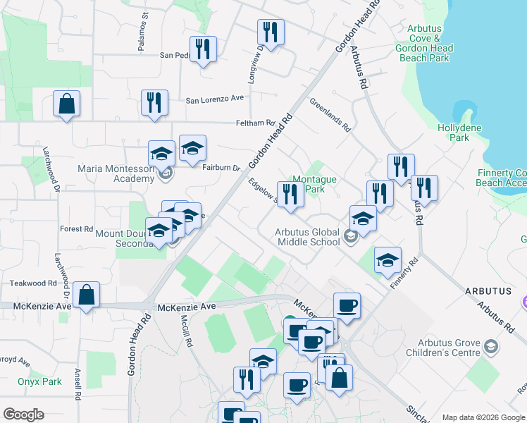 map of restaurants, bars, coffee shops, grocery stores, and more near 4091 Dawnview Crescent in Victoria