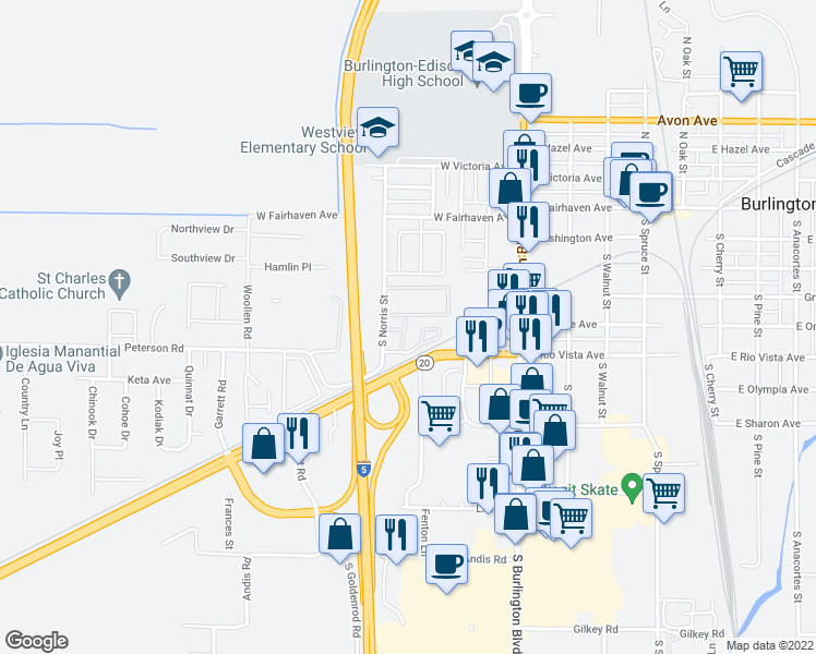 map of restaurants, bars, coffee shops, grocery stores, and more near 518 Orchard Place in Burlington