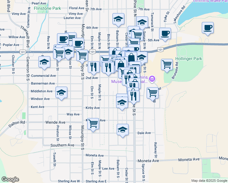 map of restaurants, bars, coffee shops, grocery stores, and more near 179 B Balsam Street South in Timmins