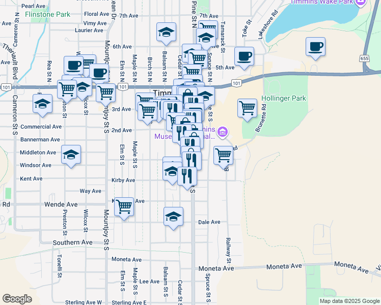 map of restaurants, bars, coffee shops, grocery stores, and more near 169 Pine Street South in Timmins