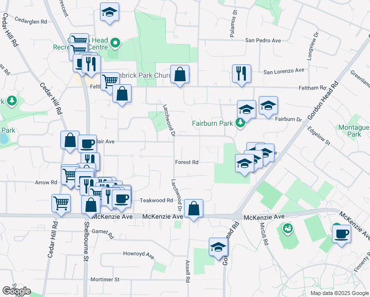 map of restaurants, bars, coffee shops, grocery stores, and more near 3993 Wolf Street in Victoria