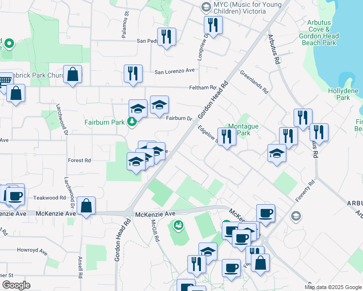 map of restaurants, bars, coffee shops, grocery stores, and more near 3999 Gordon Head Road in Victoria