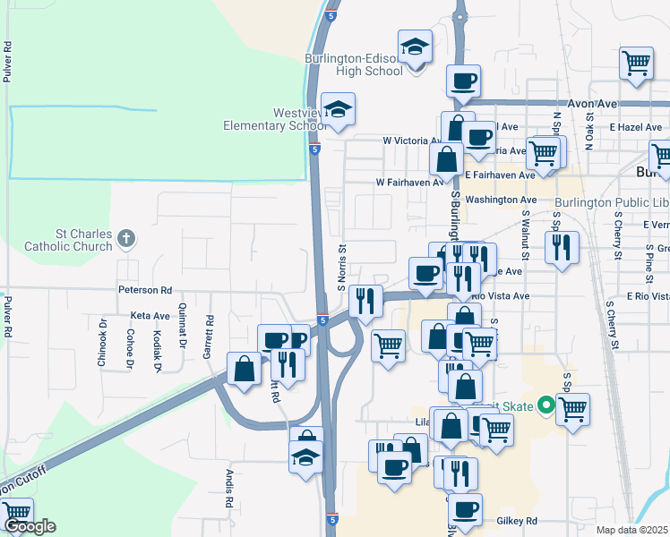 map of restaurants, bars, coffee shops, grocery stores, and more near 525 South Norris Street in Burlington