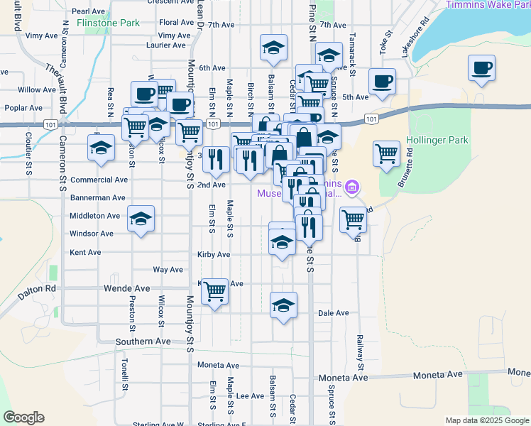 map of restaurants, bars, coffee shops, grocery stores, and more near 179 B Balsam Street South in Timmins
