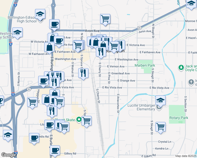 map of restaurants, bars, coffee shops, grocery stores, and more near 515 East Orange Avenue in Burlington