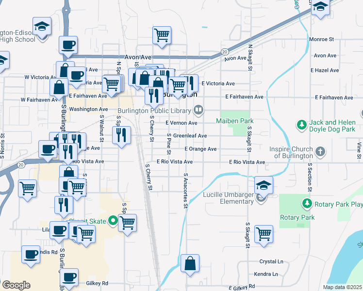 map of restaurants, bars, coffee shops, grocery stores, and more near 429 South Anacortes Street in Burlington