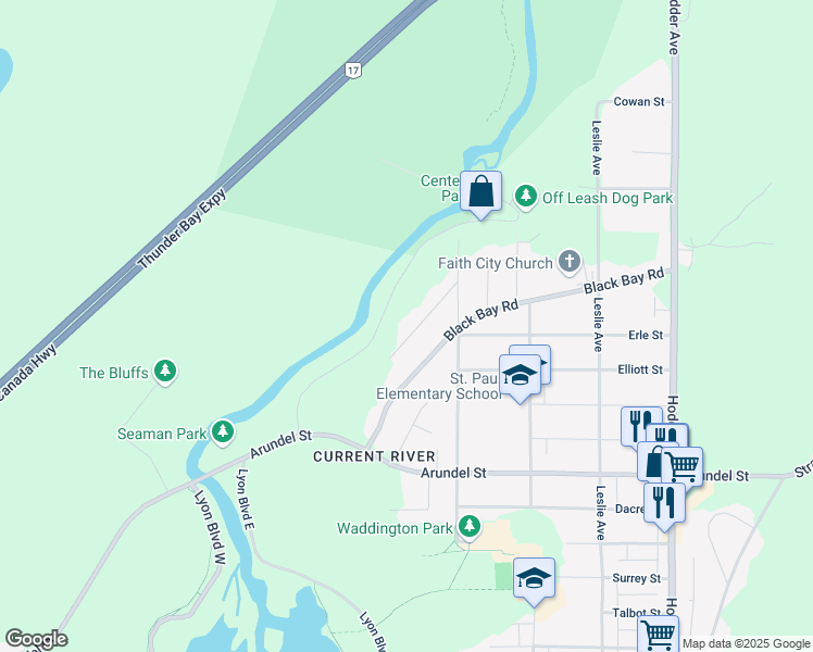 map of restaurants, bars, coffee shops, grocery stores, and more near 490 Richard Street in Thunder Bay
