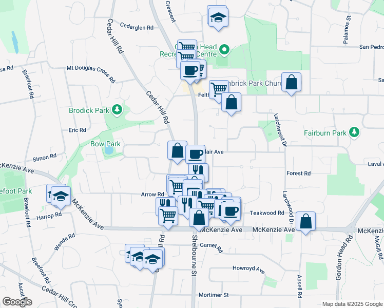 map of restaurants, bars, coffee shops, grocery stores, and more near 1592 Glencraig Place in Victoria