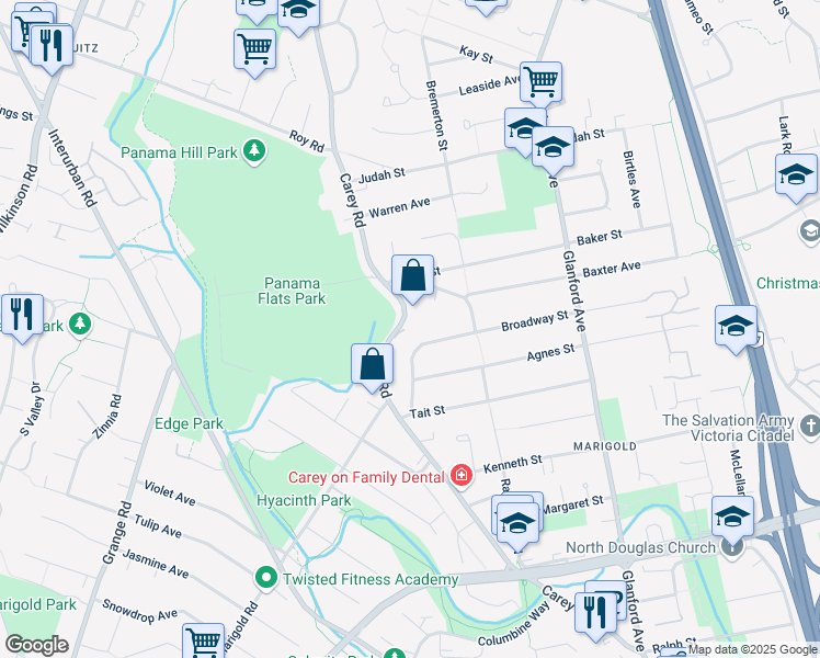 map of restaurants, bars, coffee shops, grocery stores, and more near 4091 Carey Road in Victoria