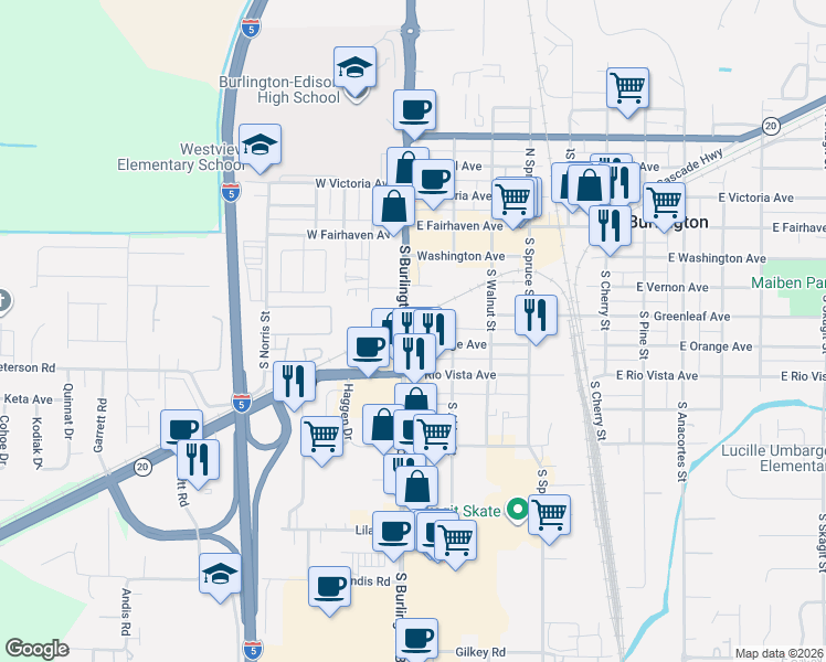 map of restaurants, bars, coffee shops, grocery stores, and more near 101 East Orange Avenue in Burlington